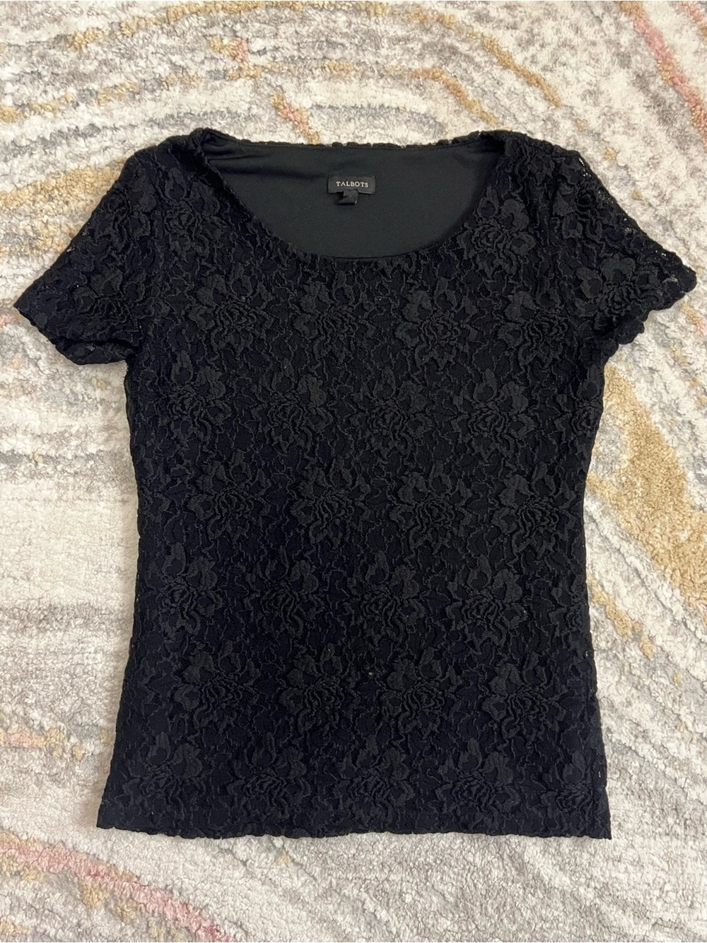 Talbots Black Floral Lace Short Sleeve Scoop Neck Tee
